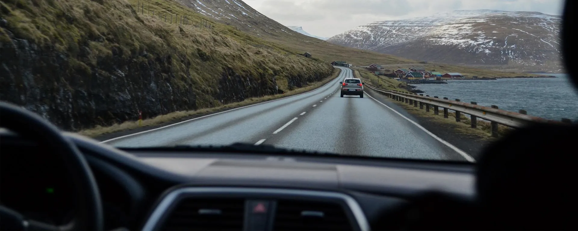 Inside car view of winter landscape